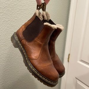 Dr. Martens brown leather faux fur lined Chelsea brown boots (light scuffing)
